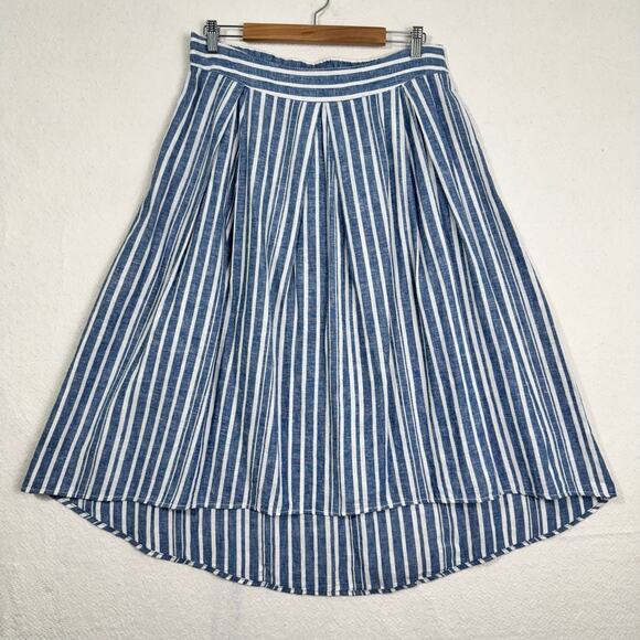 Max Studio Nautical Blue/White Stripe Chambray Linen Midi Skirt High-Low Large - Picture 1 of 7